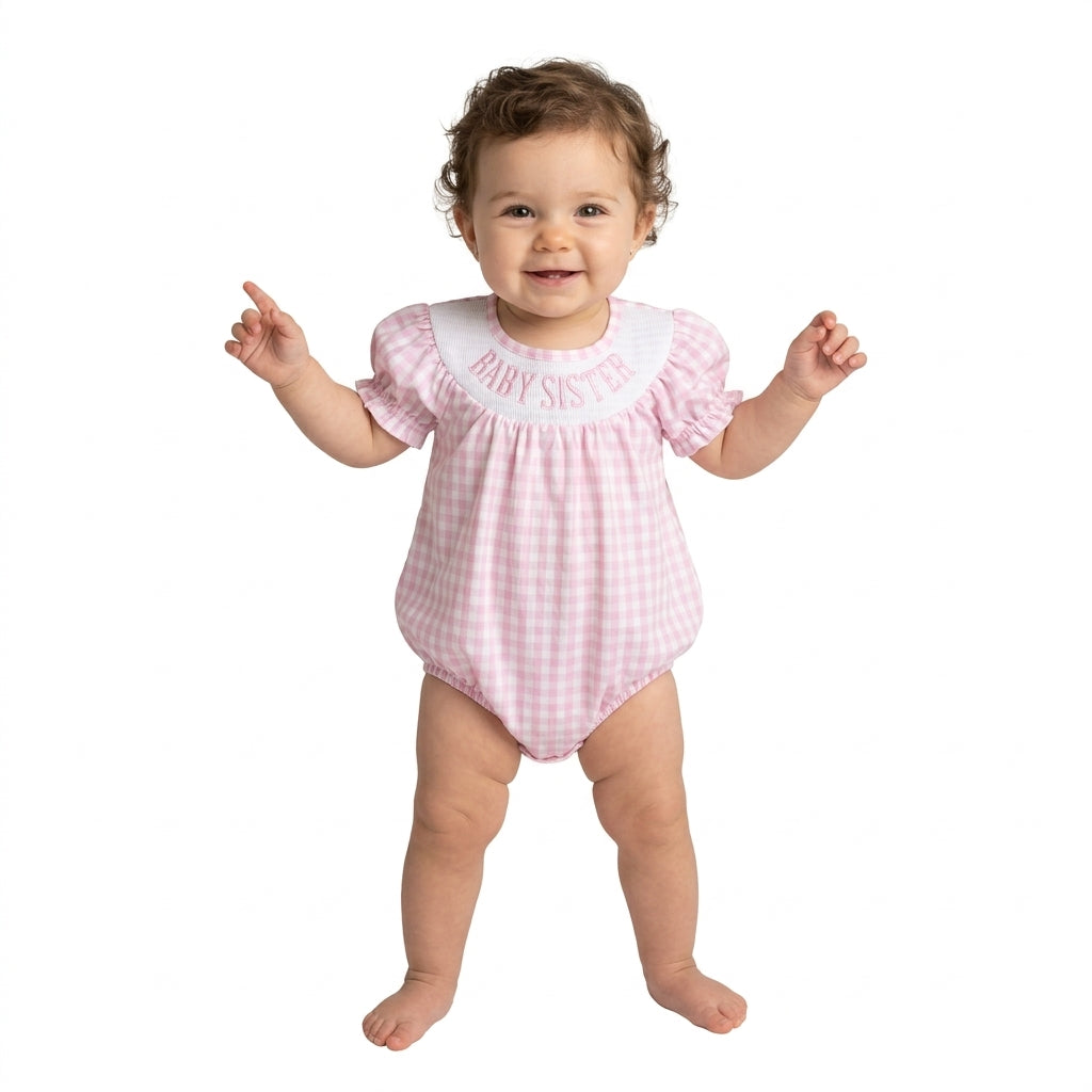 Smocked Baby Sister Short Sleeve Pink Checked Ruffle Rompers