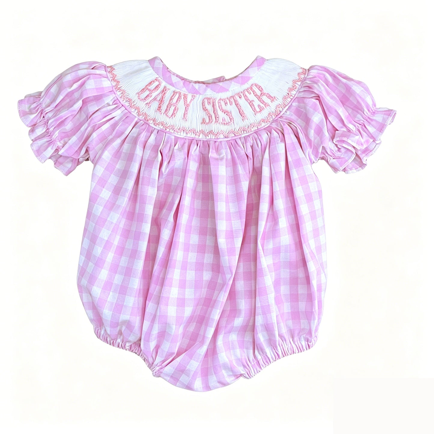 Baby Girls Short Sleeve Pink Checked Baby Sister Ruffle Rompers Preorder