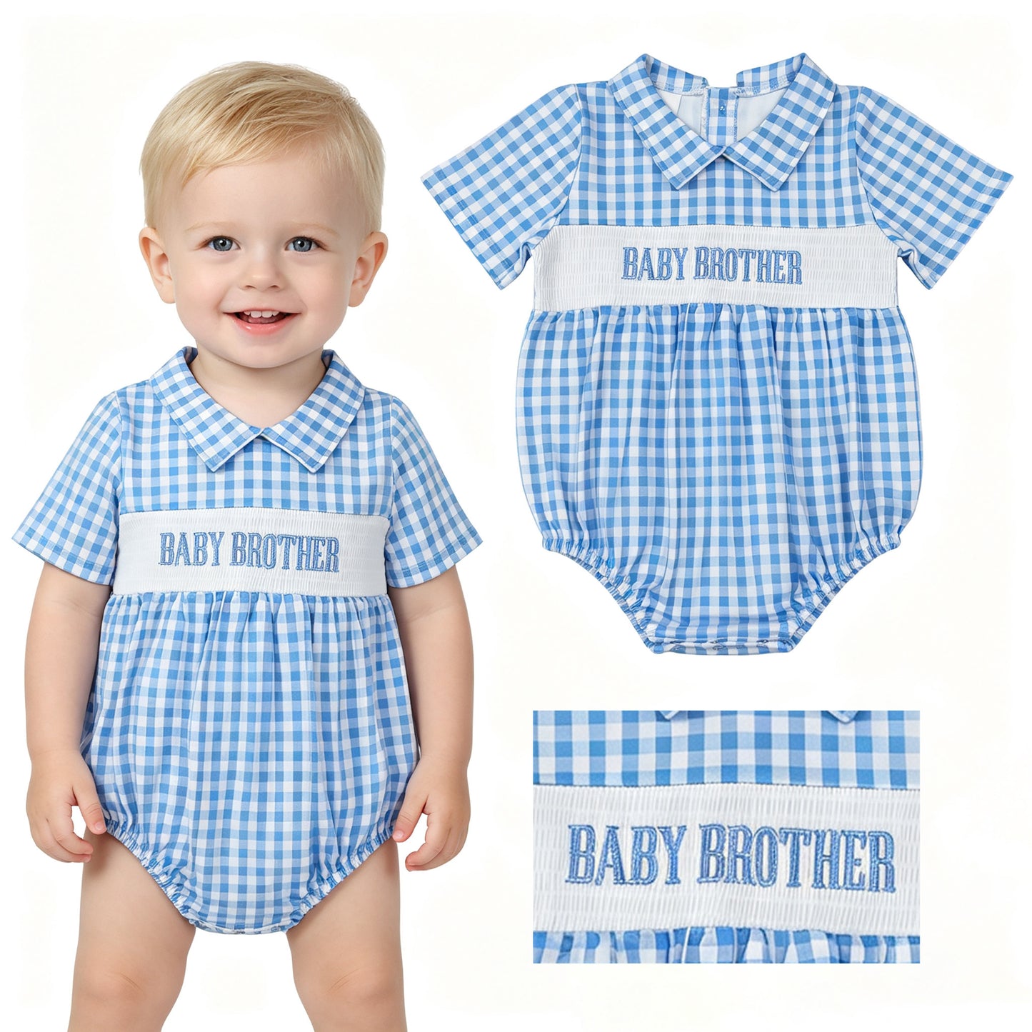 Smocked Baby Brother Short Sleeve Blue Checked Back Button Rompers
