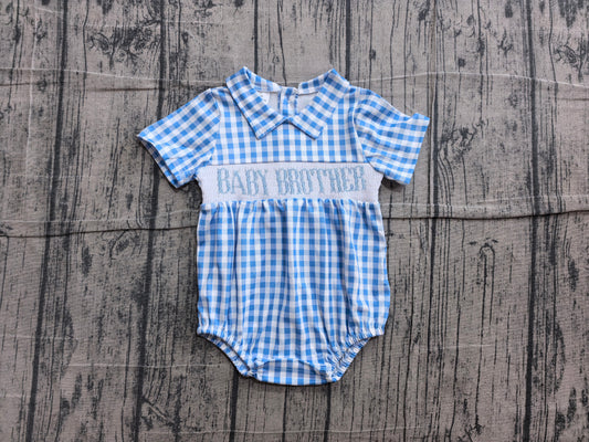 Smocked Baby Brother Short Sleeve Blue Checked Rompers Preorder