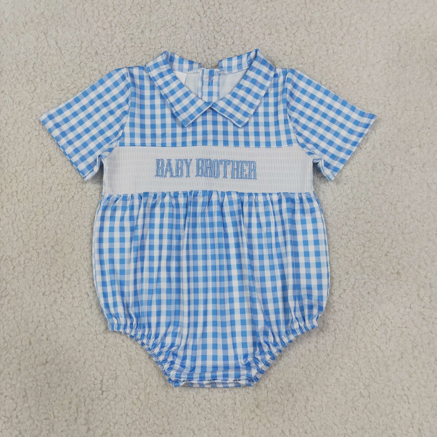 Smocked Baby Brother Short Sleeve Blue Checked Back Button Rompers