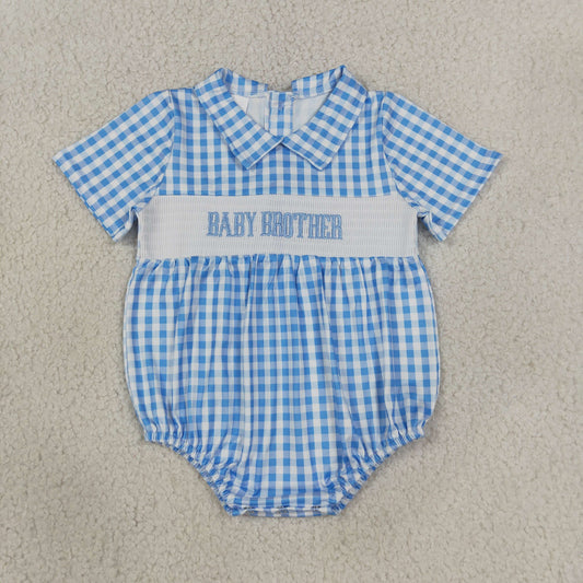 Smocked Baby Brother Short Sleeve Blue Checked Back Button Rompers