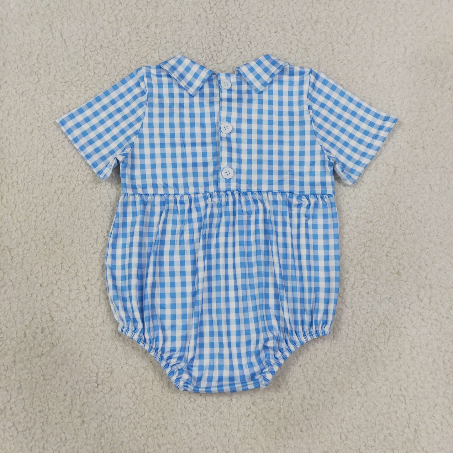 Smocked Baby Brother Short Sleeve Blue Checked Back Button Rompers