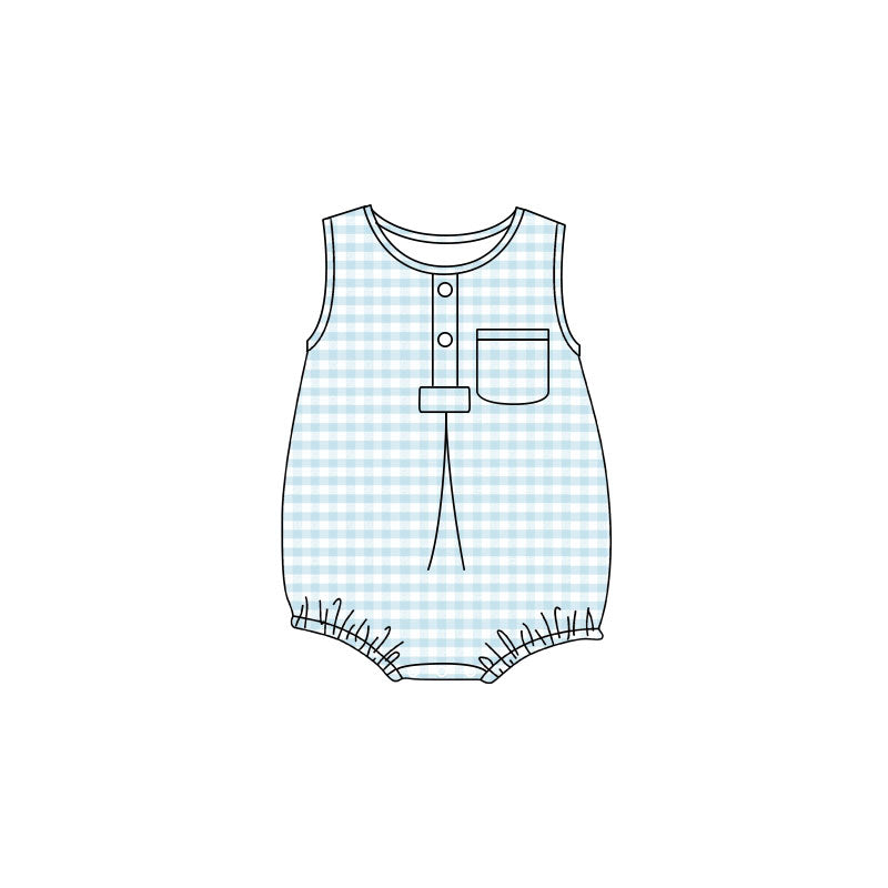 Baby Kids Sleeveless Light Blue Checked Button Pocket Rompers Preorder