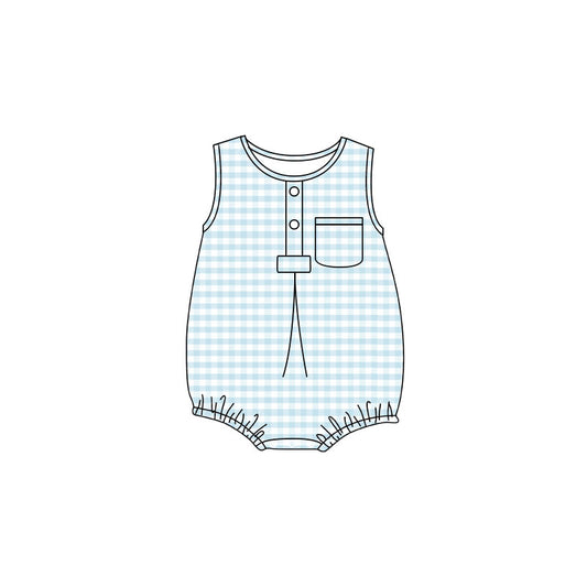 Baby Kids Sleeveless Light Blue Checked Button Pocket Rompers Preorder