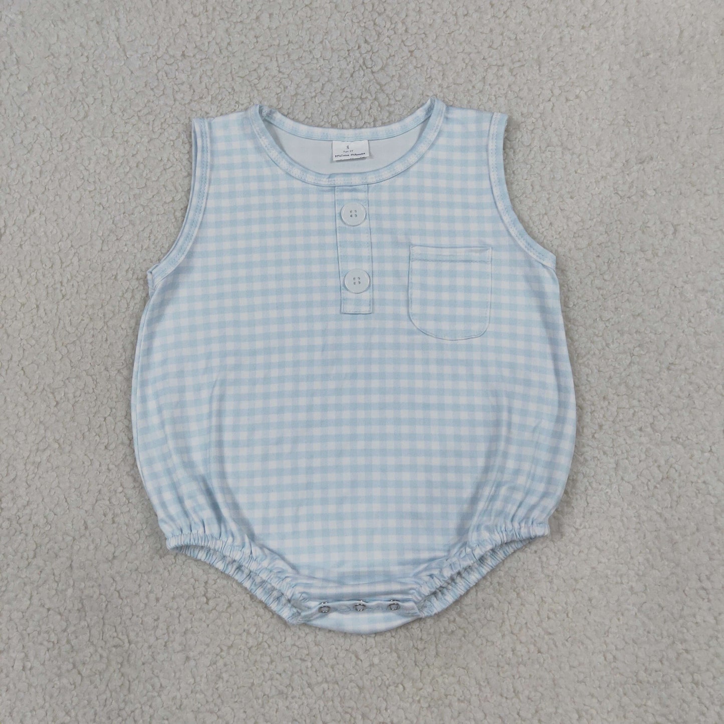 Baby Boys Sleeveless Light Blue Checked Button Pocket Rompers