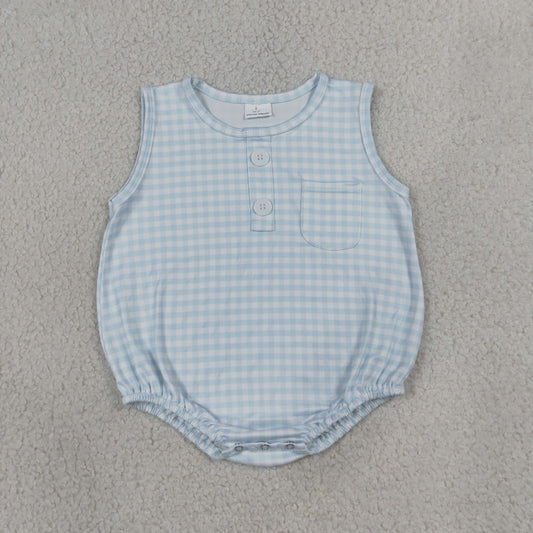 Baby Boys Sleeveless Light Blue Checked Button Pocket Rompers