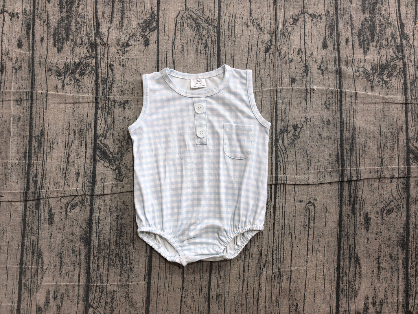 Baby Kids Sleeveless Light Blue Checked Button Pocket Rompers Preorder