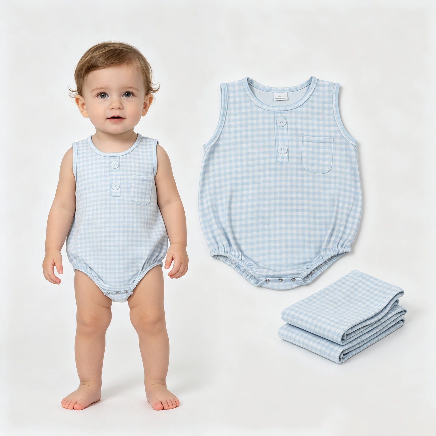 Baby Boys Sleeveless Light Blue Checked Button Pocket Rompers
