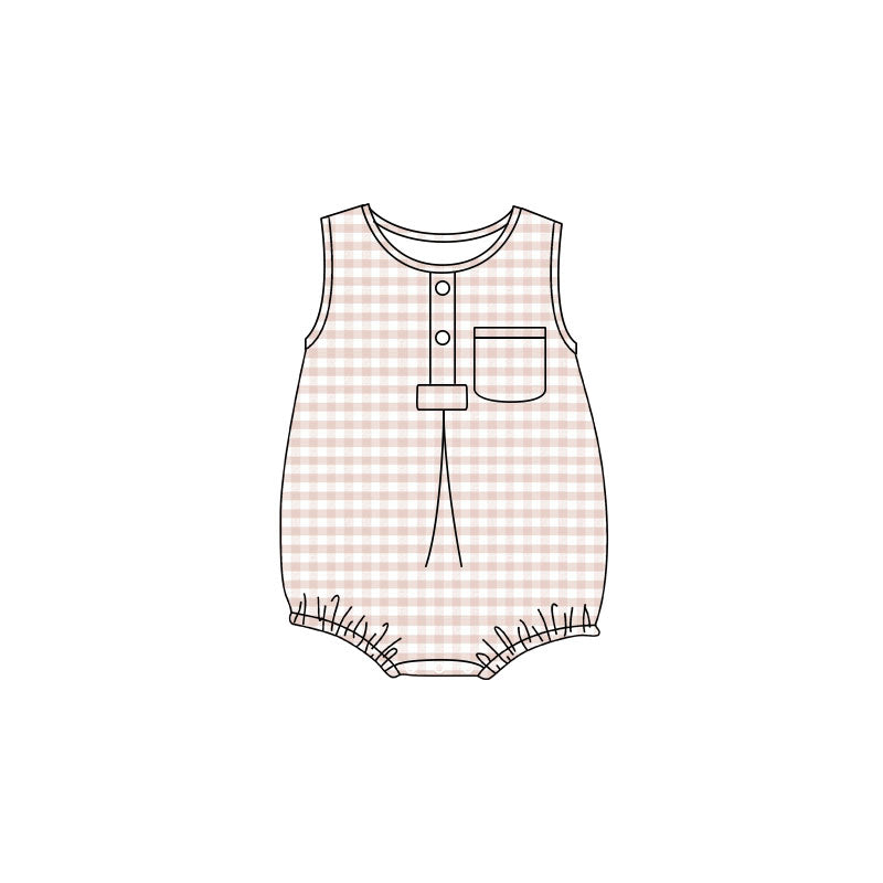 Baby Kids Sleeveless Light Pink Checked Button Pocket Rompers Preorder