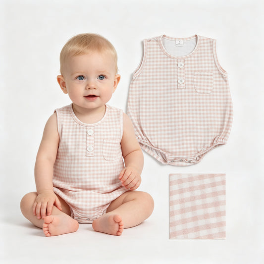 Baby Boys Sleeveless Khaki Checked Button Pocket Rompers
