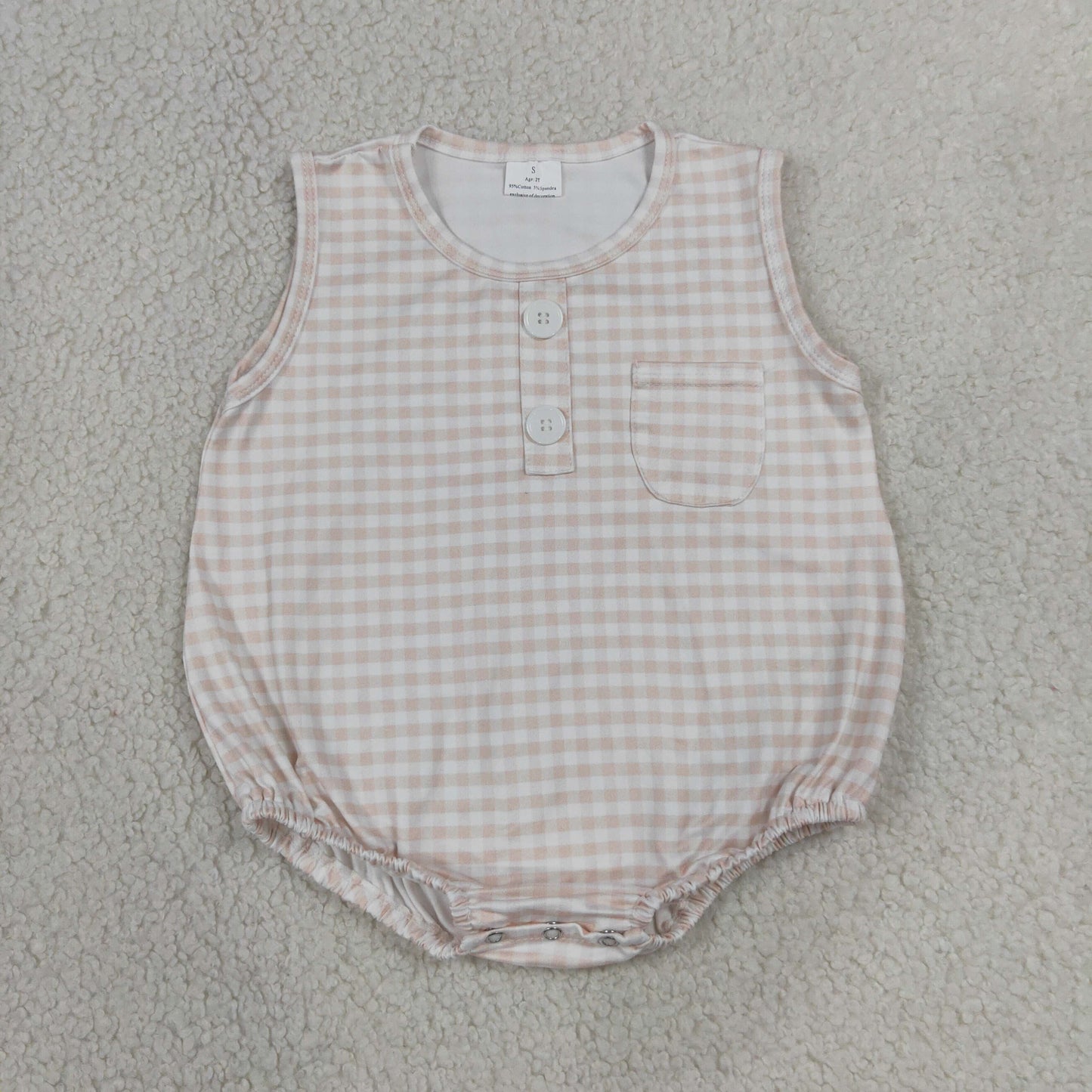 Baby Boys Sleeveless Khaki Checked Button Pocket Rompers
