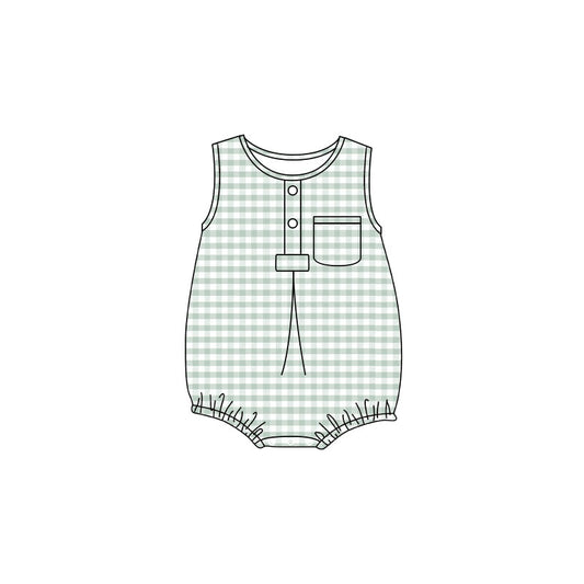Baby Kids Sleeveless Light Green Checked Button Pocket Rompers Preorder