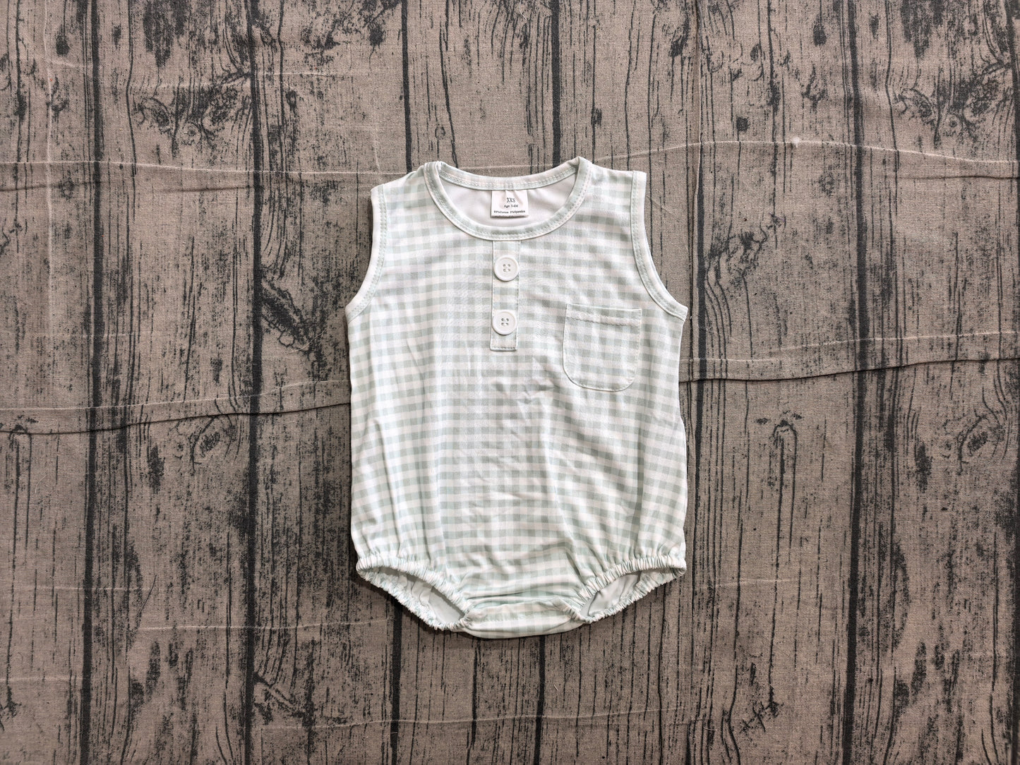 Baby Kids Sleeveless Light Green Checked Button Pocket Rompers Preorder