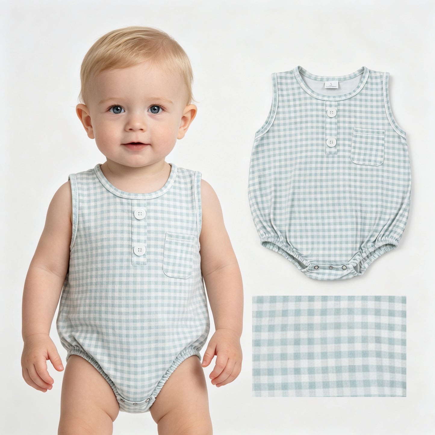 Baby Boys Sleeveless Light Green Checked Button Pocket Rompers