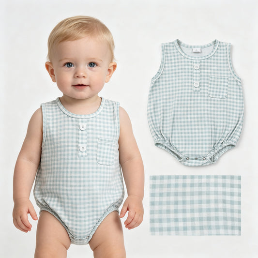 Baby Boys Sleeveless Light Green Checked Button Pocket Rompers