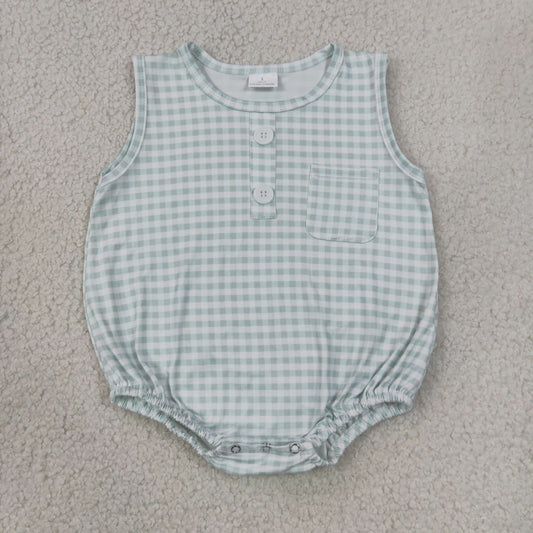 Baby Boys Sleeveless Light Green Checked Button Pocket Rompers
