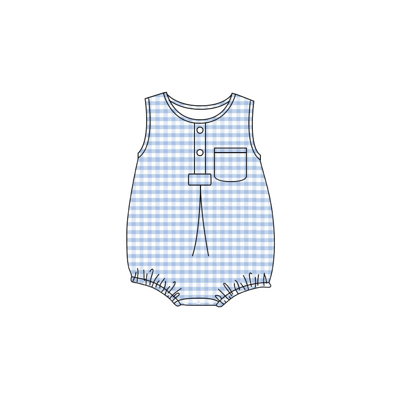 Baby Kids Sleeveless Blue Checked Button Pocket Rompers Preorder