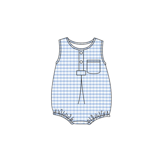 Baby Kids Sleeveless Blue Checked Button Pocket Rompers Preorder