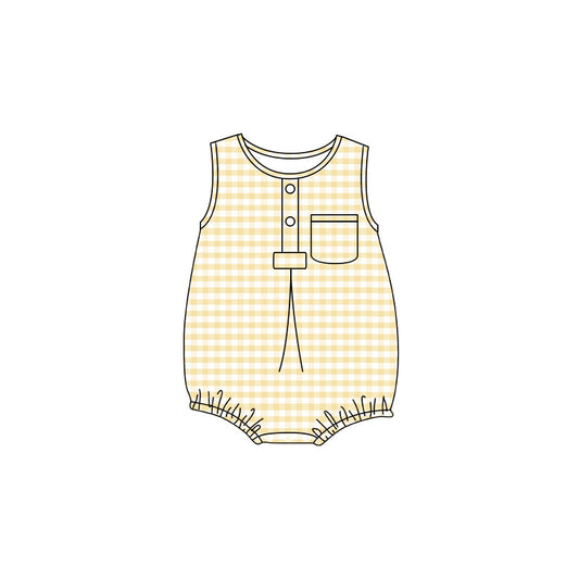 Baby Kids Sleeveless Yellow Checked Button Pocket Rompers Preorder