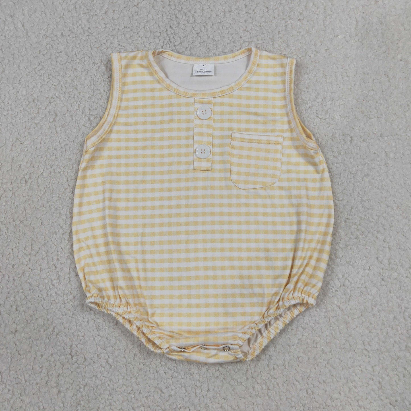 Baby Boys Sleeveless Yellow Checked Button Pocket Rompers
