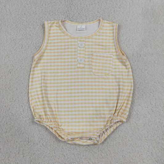 Baby Boys Sleeveless Yellow Checked Button Pocket Rompers