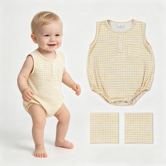 Baby Boys Sleeveless Yellow Checked Button Pocket Rompers