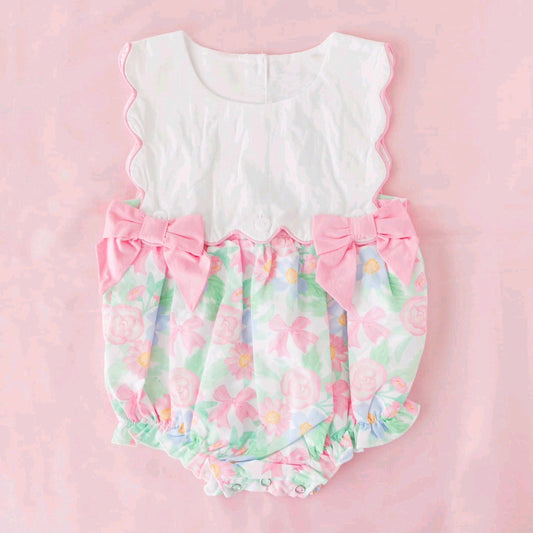 Baby Girls Scallop Sleeveless Colorful Flowers Ruffle Rompers Preorder