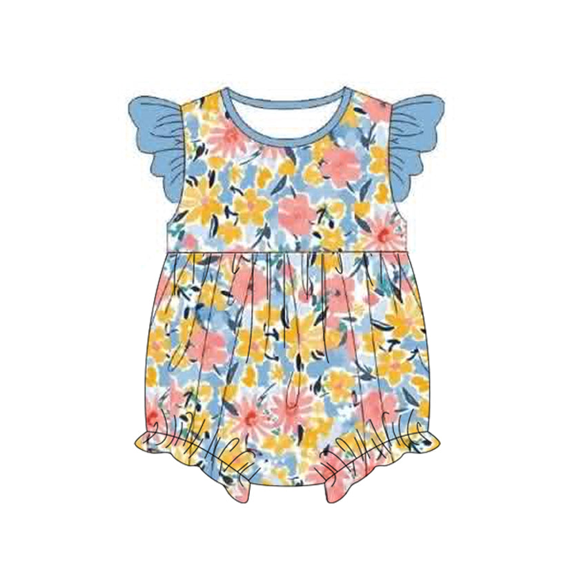 Baby Girls Flutter Sleeve Colorful Flowers Ruffle Rompers Preorder