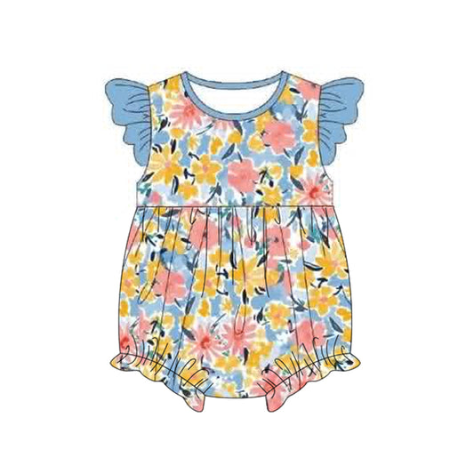 Baby Girls Flutter Sleeve Colorful Flowers Ruffle Rompers Preorder