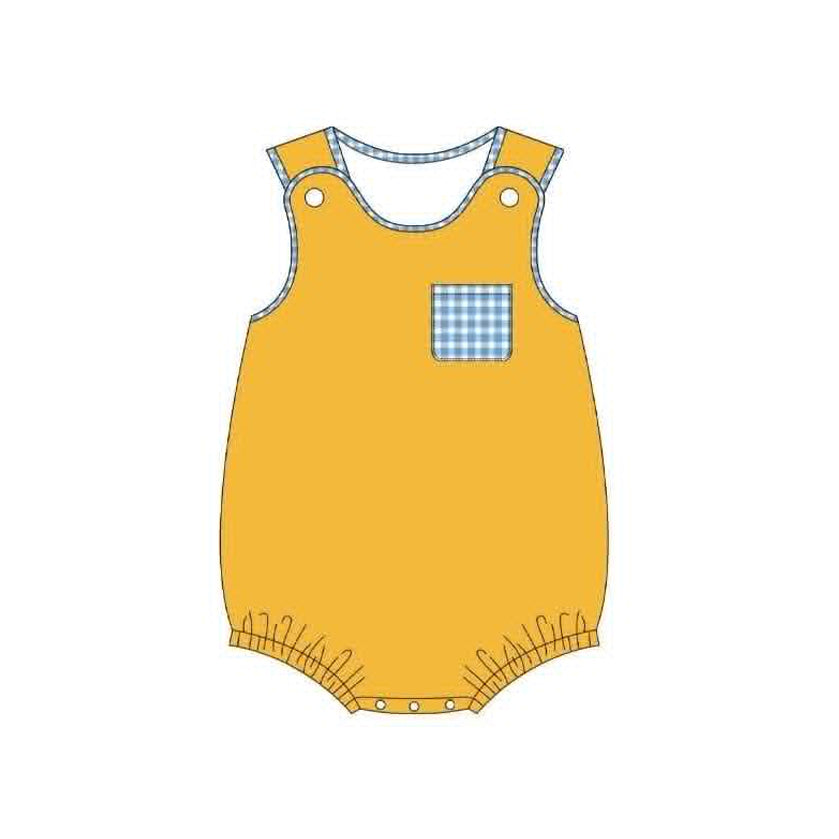 Baby Boys Yellow Sleeveless Checked Pocket Rompers Preorder