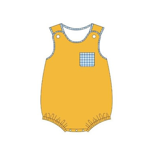 Baby Boys Yellow Sleeveless Checked Pocket Rompers Preorder