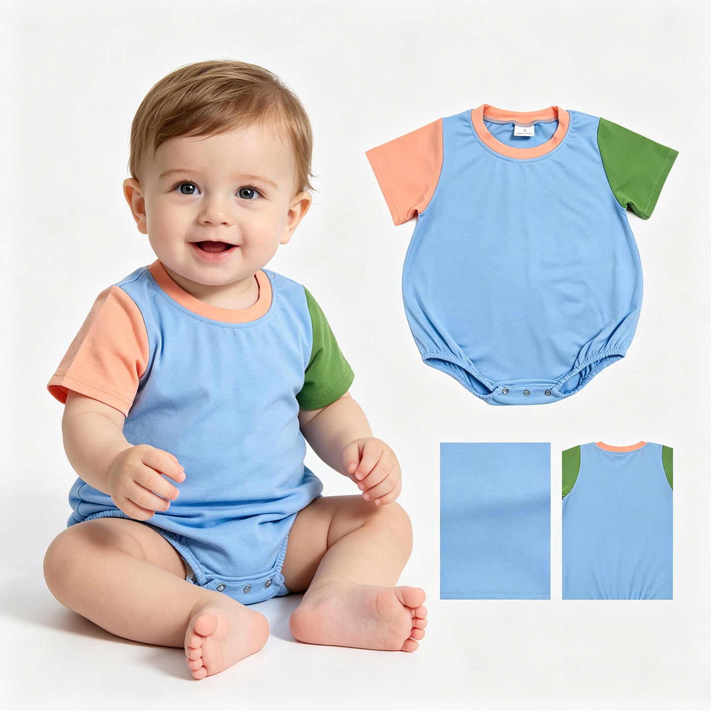 Baby Boys Short Sleeve Peach Blue Green Patchwork Rompers Preorder