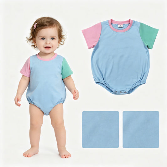 Baby Girls Short Sleeve Pink Blue Green Patchwork Rompers