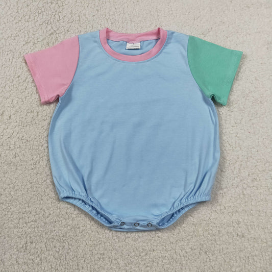 Baby Kids Short Sleeve Pink Blue Green Patchwork Rompers