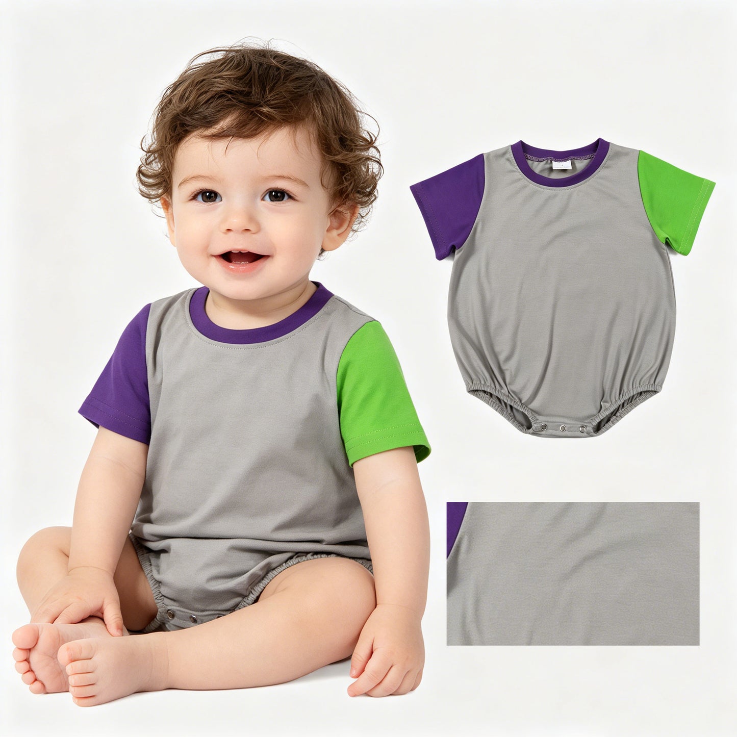 Baby Boys Short Sleeve Purple Grey Green Patchwork Rompers