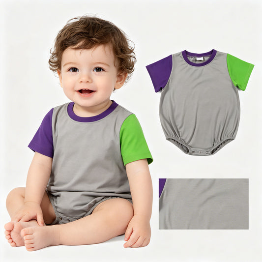 Baby Boys Short Sleeve Purple Grey Green Patchwork Rompers