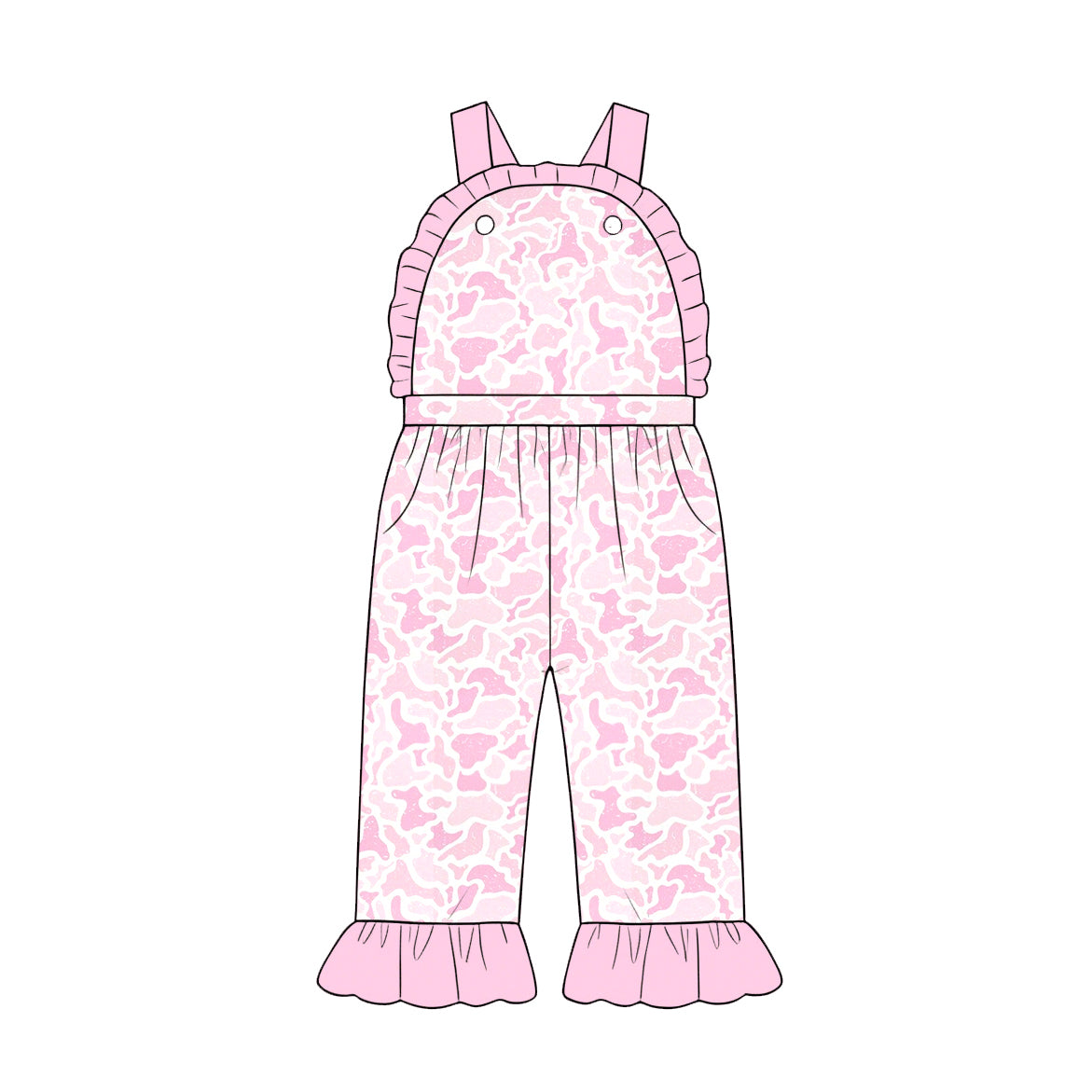 Baby Girls Strap Southern Light Pink Camo Ruffle Pant Jumpsuits Preorder