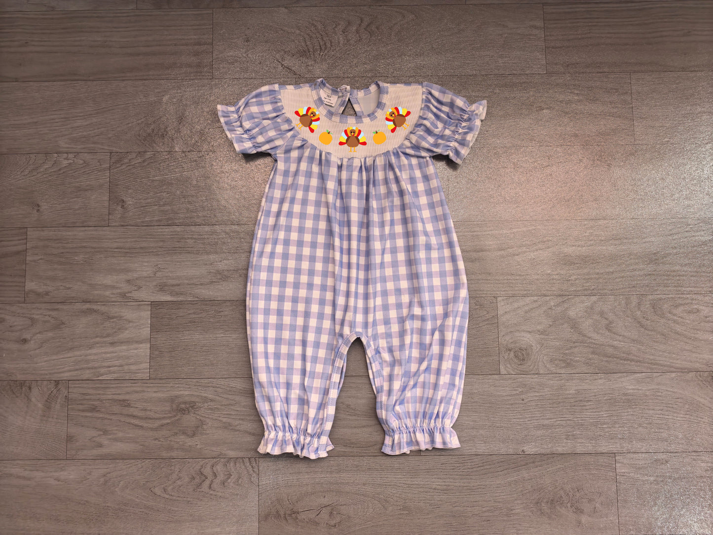 Smocked Turkey Pumpkins Baby Girls Thanksgiving Blue Checked Pant Rompers Preorder