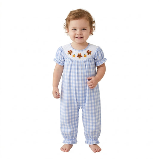 Smocked Turkey Pumpkins Baby Girls Thanksgiving Blue Checked Pant Rompers