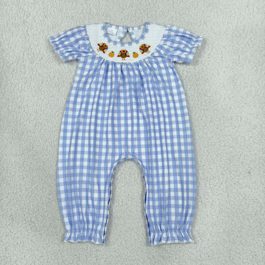 Smocked Turkey Pumpkins Baby Girls Thanksgiving Blue Checked Pant Rompers