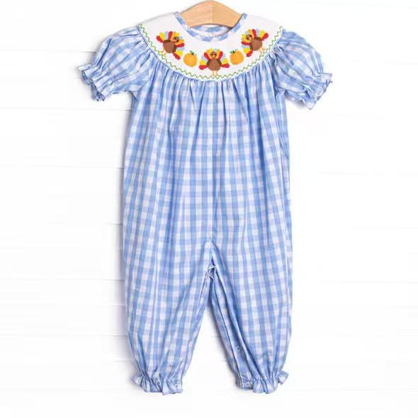 Preorder moq 5 Baby Girls Short Sleeve Turkey Pumpkins Thanksgiving Checked Rompers