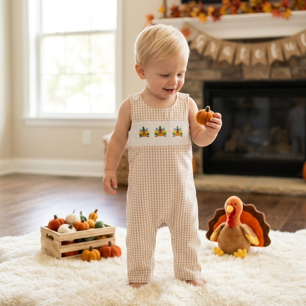 Smocked Turkey Baby Boys Thanksgiving Khaki Checked Pockets Rompers