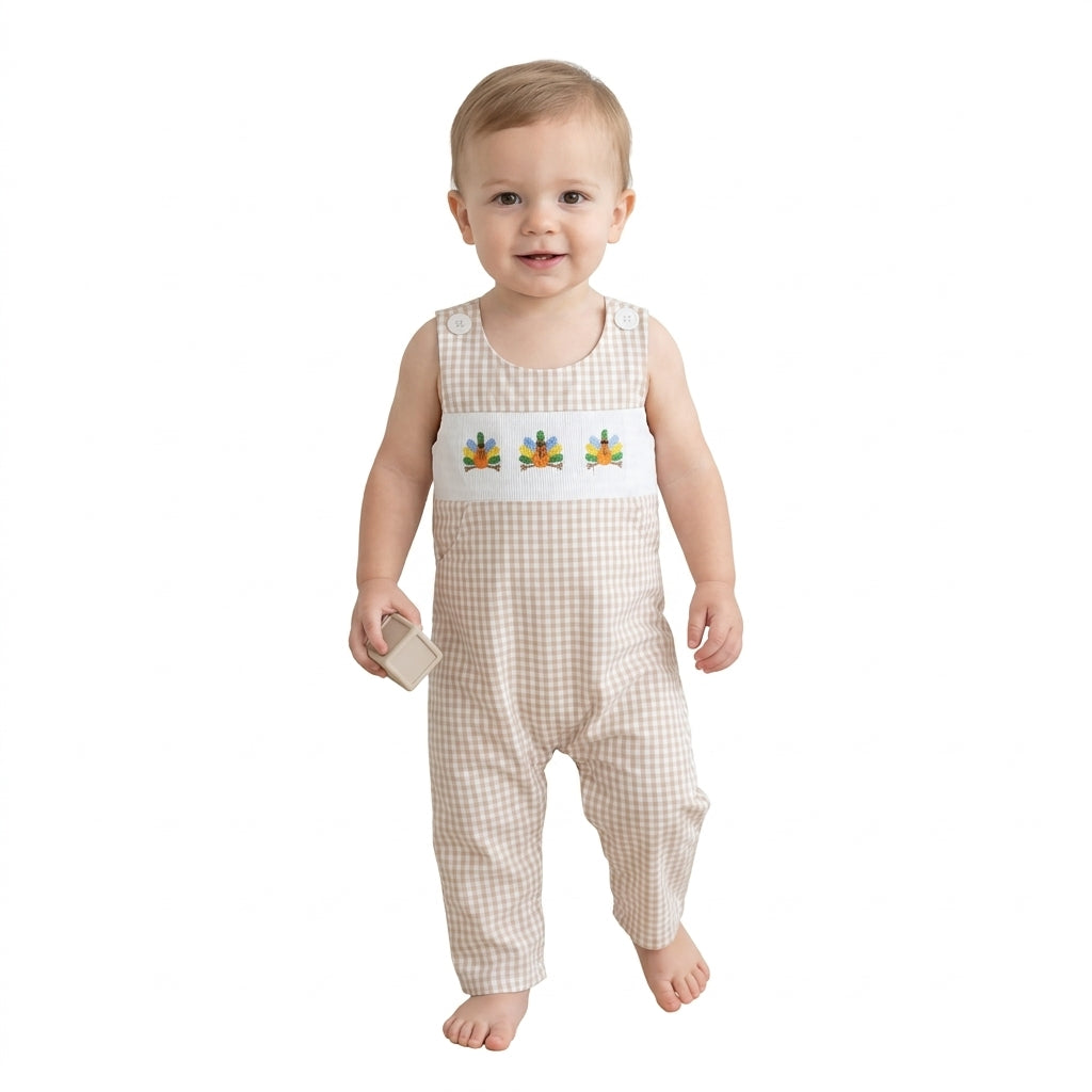 Smocked Turkey Baby Boys Thanksgiving Khaki Checked Pockets Rompers