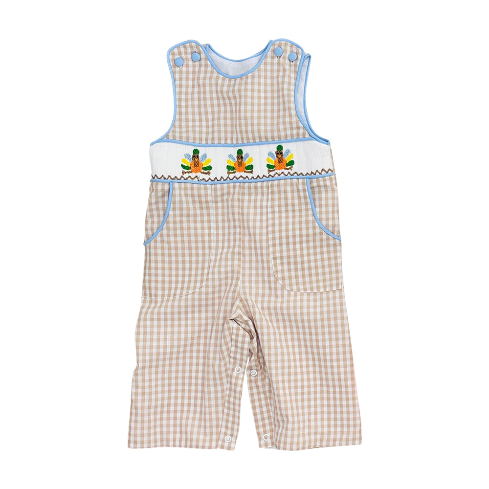 Preorder moq 5 Baby Boys Sleeveless Turkey Thanksgiving Checked Pockets Rompers