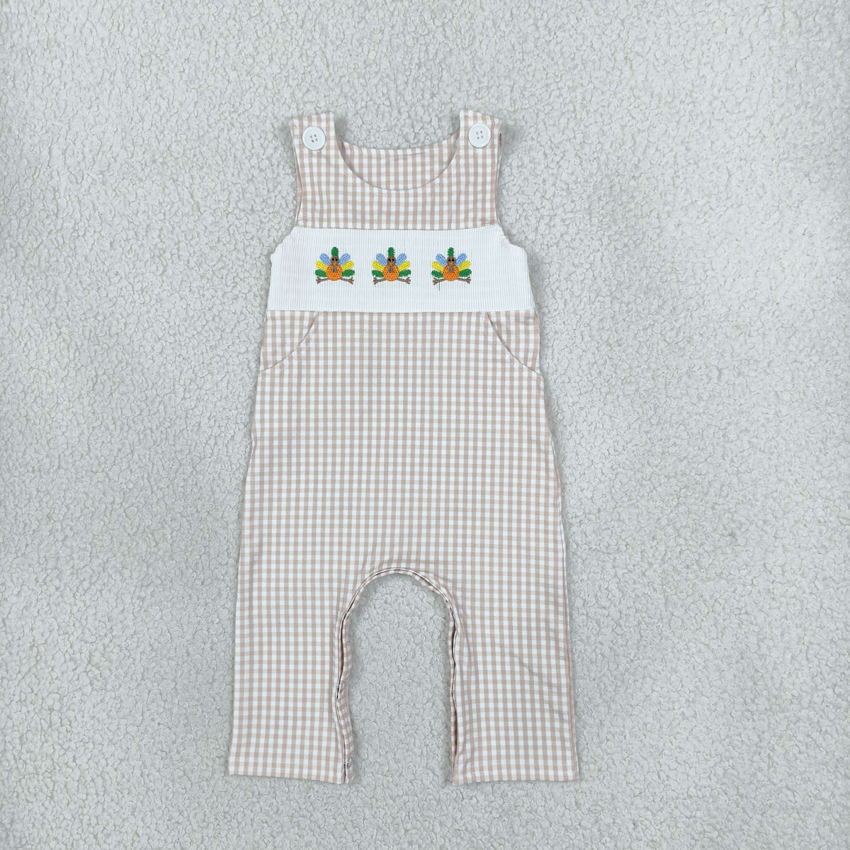 Smocked Turkey Baby Boys Thanksgiving Khaki Checked Pockets Rompers