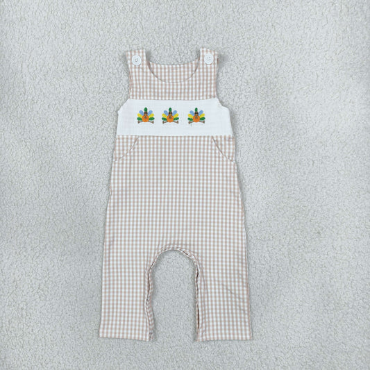 Smocked Turkey Baby Boys Thanksgiving Khaki Checked Pockets Rompers