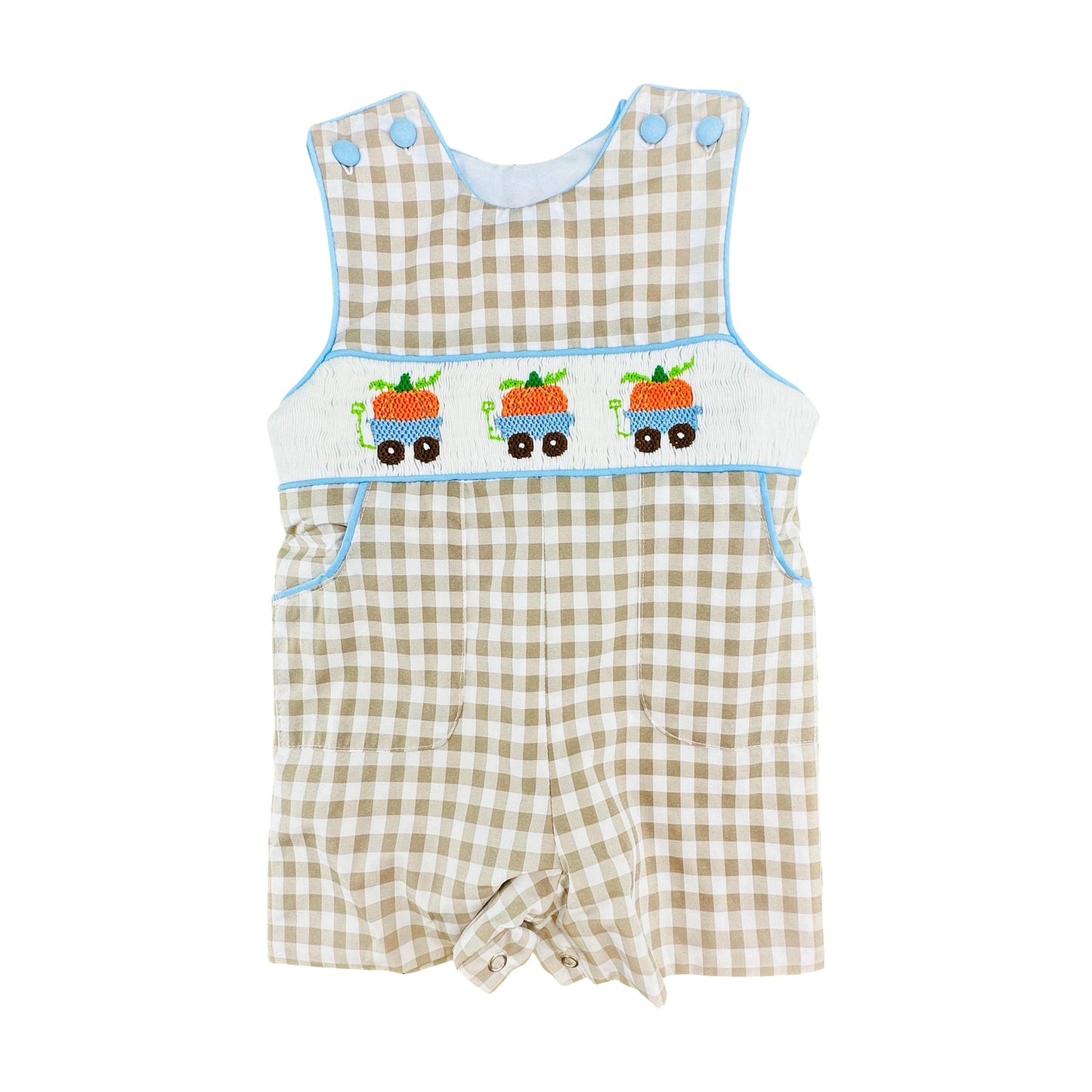 Preorder moq 5 Baby Boys Khaki Checked Pumpkins Trucks Fall Pockets Rompers