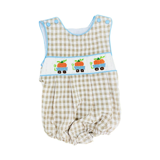 Preorder moq 5 Baby Boys Khaki Checked Pumpkins Trucks Fall Rompers