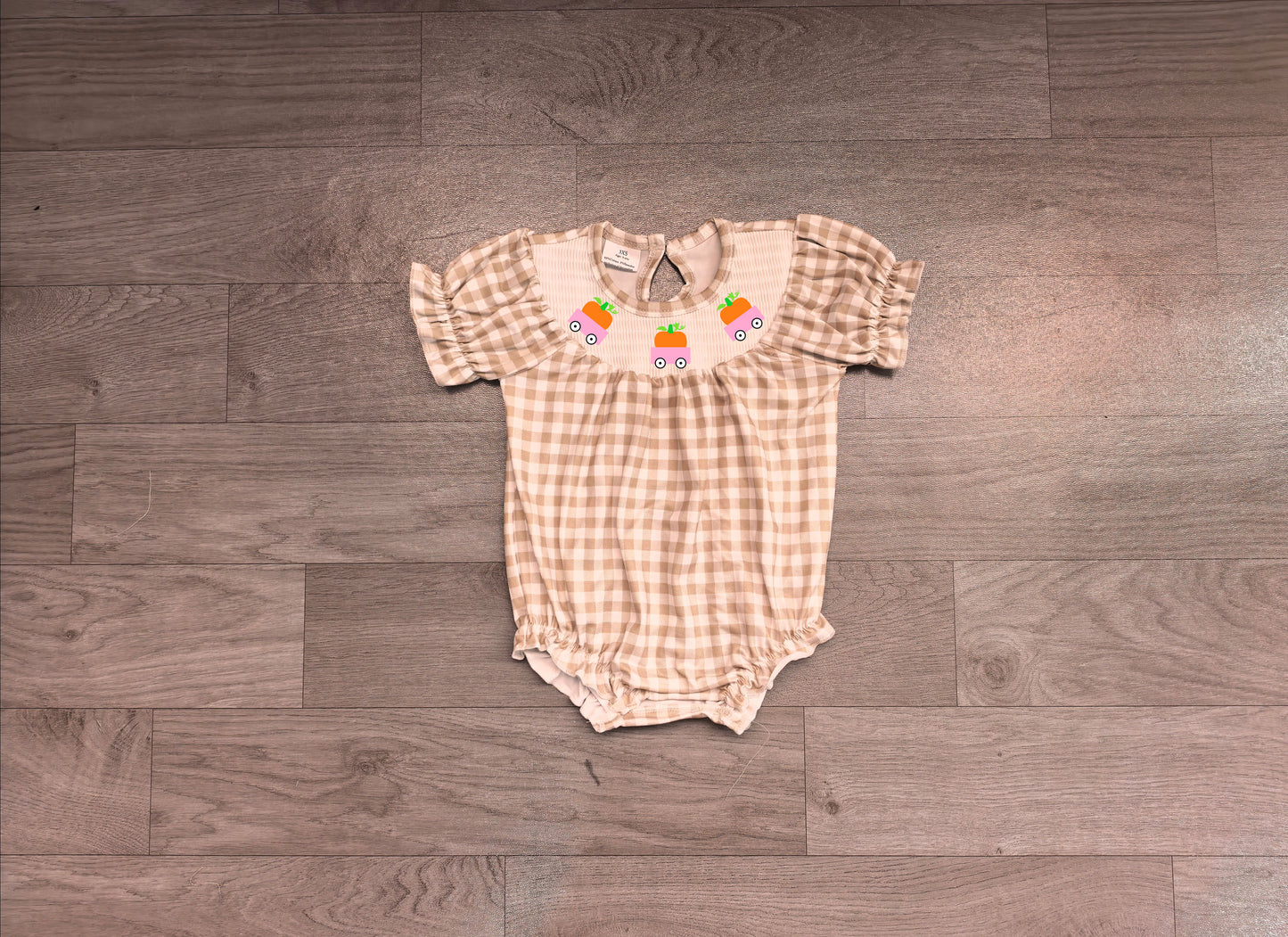 Smocked Pumpkins Trucks Baby Girls Khaki Checked Fall Ruffle Rompers Preorder